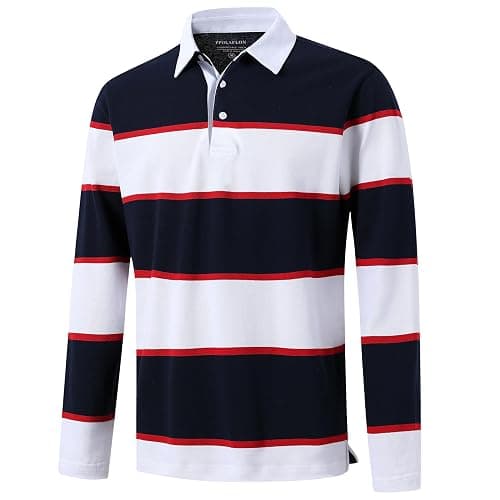 Men's Polo Shirts Long Sleeve Striped Dry Fit Casual Collared Pique Golf Polo Shirts for Mens - Image 1