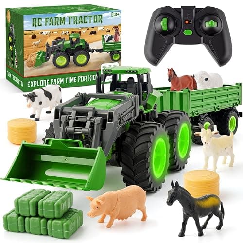 Remote Control Tractor Toy Set with Trailer & Farm Accessories, Light Up Farm Truck Toys for Boys & Girls 3, 4, 5, 6, 7 Year Old, 2.4 Ghz RC Tractor Toys, Ideal Christmas, Birthday Gifts for Kids - Image 1