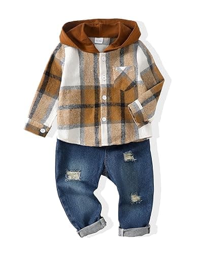 Renotemy Toddler Baby Boy Clothes Denim Outfits Infant Hooded Sweatshirt Jeans Pants Little Boys Clothing - Coffeeplaid - 2-3T