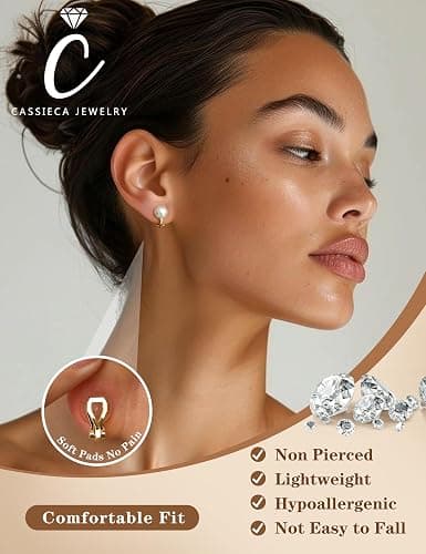 CASSIECA 14K Gold Plated Clip on Pearl Earrings for Women Girls - Long Dangle Pearl Drop Ear Clips for Wedding, Bridal Gifts thumbnail 3