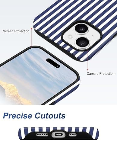 Jusy Compatible with MagSafe Striped Phone Case for iPhone 13/14, Cute Aesthetic Magnetic Soft TPU and Hard PC Protective Phone Cover for Women Girls（Matte） - Navy Blue thumbnail 4