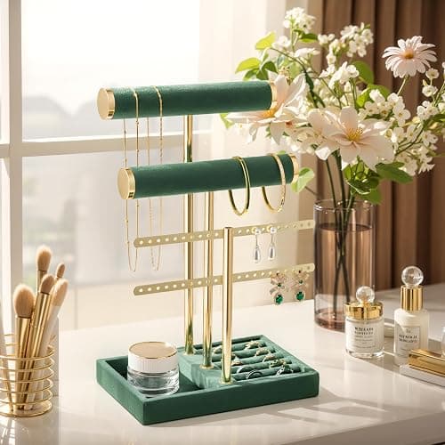 bussdis 3 Tier Bracelet Holder Display - Detachable T Bar Dark Green Velvet Bracelet Holder, Jewelry Holder Organizer for Bracelet, Necklace, Earrings, Rings thumbnail 2