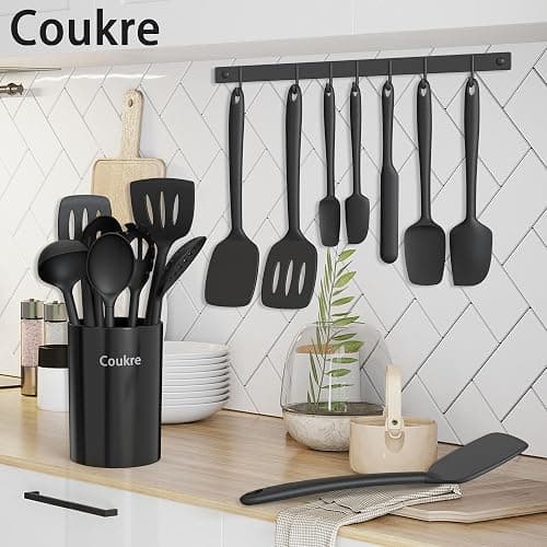 Coukre Silicone Kitchen Cooking Utensils Set with Holder – Heat-Resistant, Food-Grade Kitchen Tools, Spatula, Spoon & Gadgets for Non-Stick Pans, Dishwasher Safe (14, PureBlack) thumbnail 2