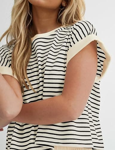 MISSACTIVER 2 Piece Lounge Set Women Stripe Knit Short Sleeve Tee Shirts Shorts Casual Summer Loungewear Shorts Sets thumbnail 5