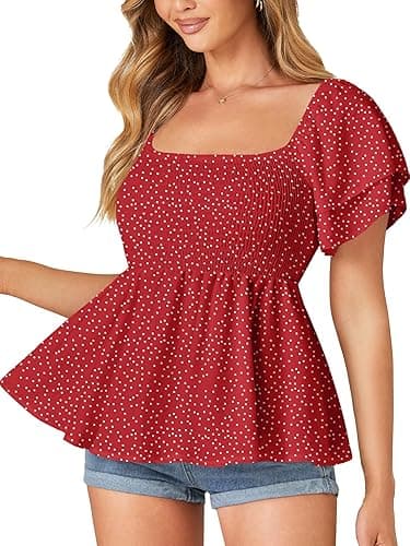 LYANER Women’s Square Neck Smocked Peplum Top Ruffle Short Sleeve Babydoll Shirred Blouse thumbnail 4