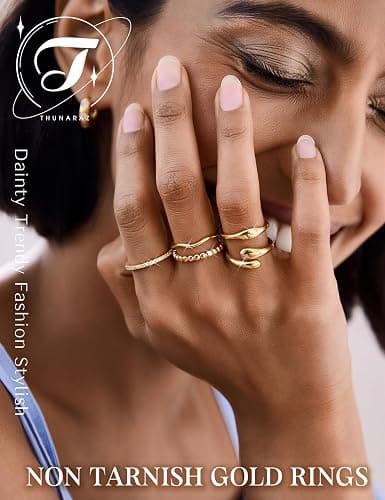 THUNARAZ 14K Gold Plated Rings for Women Non Tarnish Stackable Chunky Rings Cubic Zirconia Thumb Ring Set Dainty Trendy Statement Promise Wedding Bands Engagement Ring for Women Size 6-10 thumbnail 2