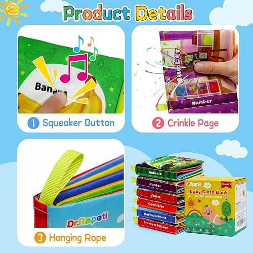 Dr.Rapeti Soft Cloth Books Baby Books Bath Books 6-Pack for Baby Infant Toddler Kids Crinkle Squeaky Washable Chewable Non-Toxic Early Educational Giftable thumbnail 4