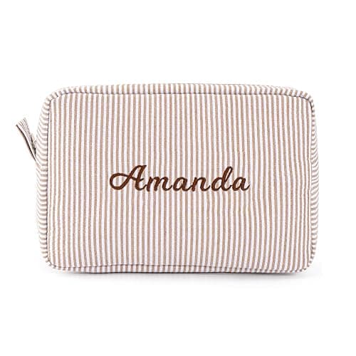 MT WORLD Cosmetic Bag Personalized Makeup Bag for Women Girls Seersucker Preppy Bridesmaid Makeup Bag Cute Aesthetic Toiletry Bag Girls Handbags Purses (Brown) - Image 1