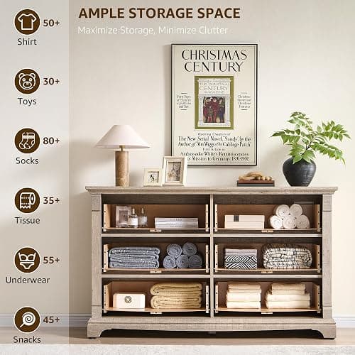 Farmhouse 6 Drawers Dresser for Bedroom, 54" Wide Large Dressers & Chests of Drawers w/Roman Column, Wooden Dresser TV Stand with Large Drawers for Nursery Bedroom Living Room Hallway,Light Rustic Oak thumbnail 4