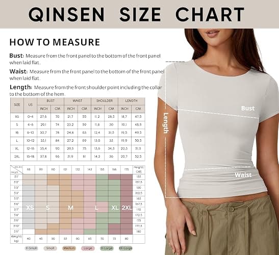 QINSEN Women's Crew Neck Short Sleeve Tees Double Lined Slim Fit T Shirt Basic Y2K Tops thumbnail 5