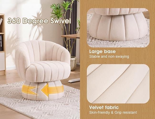 Mistpople Mid Century Modern 360 Degree Barrel Swivel Accent Sofa Chair,Fluffy Velvet Fabric Lounge Wide Upholstered Pumpkin Reading Chair, Round Cloud Armchair for Living Room,Bedroom,Vanity(Beige) thumbnail 5