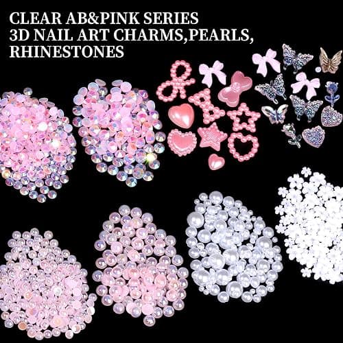 FAMDAMEI 24 Grid Flat Back Pearls and Rhinestones for Bedazzling Kit, Clear White Pink Pearls Flatback Resin Jelly Rhinestones,Flower 3D Nail Charms and Gems for Crafting Rhinestones for Crafts thumbnail 6