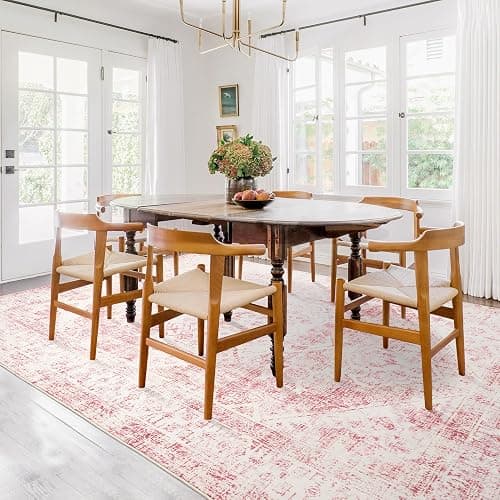 5x7 Washable Pink Area Rug, Upgraded Denser Surface Vintage Rugs, Honeycomb Non-Slip Backing Living Room Rug, Easy Care Foldable Rugs for Living Room Bedroom Kitchen Dinning Room Home Office thumbnail 3