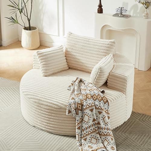 55"W Oversized Round Chair Lounge Chaise Indoor, Corduroy Upholstered Comfy Large Circle ArmChair, Modern Fluffy Deep Seat Cloud Sofa Chair Sleeper Sofa Bed for Living Room, Bedroom Apartment, Beige thumbnail 9