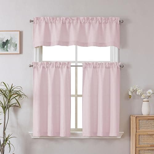 Chyhomenyc Bennet 2-Panel Blush Pink Kitchen Curtains, 36 Inch Length Tier, Faux Linen Textured Small Cafe, Light Filtering Short Window for Bathroom Basement, 30x36 Inch thumbnail 3