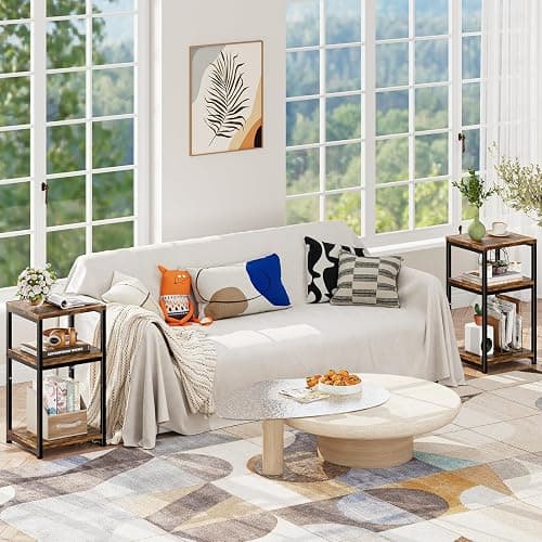Simple Trending Side Table, End Table Night Stand, 3 Tiers Shelf for Living Room, Rustic Brown thumbnail 2