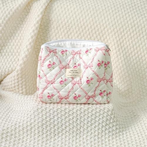 Sminra Makeup Bag Large Travel Quilted Cosmetic Makeup Bag Organizer, Floral Cotton Coquette Aesthetic Toiletry Bag for Women Girls (Pink Bow Flowers) thumbnail 3