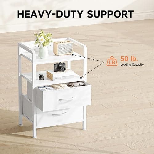 Lazzanto Nightstand with Rear Charging Station, LED Light, 2 Drawers, White | Industrial Nightstand, 2 USB-A Ports & AC Outlets, Raised Back Guard, Fabric Storage Drawers, Bedside Table for Bedroom, Dorm thumbnail 7