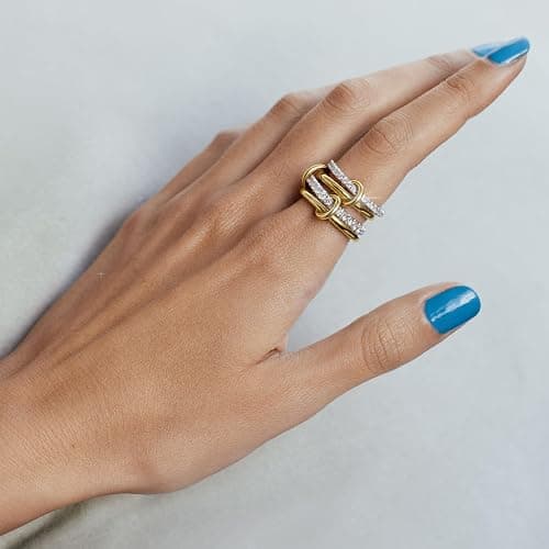 Bopiu Gold Stackable Rings for Women Non Tarnish, 18k Gold Plated Cubic Zirconia Rings, Silver Gold Multi Ring Mixed Metals Stack Rings Set thumbnail 2