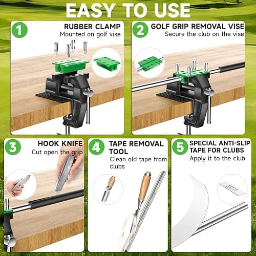 Golf Grip Kit for Regripping Clubs, Golf Regripping Kit, Portable Golf Club Regripping Kit, Golf Grip Replacement Kit with Table Vise, Rubber Clamp, Gloves, Tape Strips, Hook Knife, Tape Remover thumbnail 3