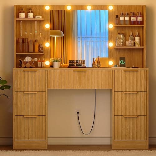 FIONESO Fluted Vanity Desk with Mirror and Adjustable LED Lights & Power Outlet, Makeup Vanity Desk with 7 Drawers,4 Shelves and 5 Hooks, Vanity for Girls, Natural Oak thumbnail 9