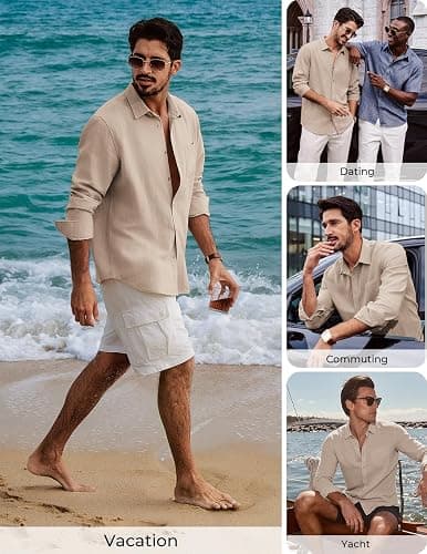 PJ PAUL JONES Men's Casual Button Down Shirts Long Sleeve Linen Beach Wedding Shirt Summer Vacation Shirt for Men thumbnail 4