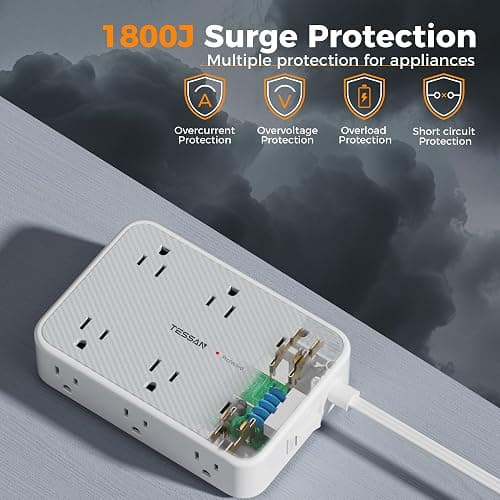 TESSAN Surge Protector Power Strip, 5FT Flat Extension Cord with Multiple Outlets, 12 Outlet Extender with 4 USB (2 USB-C), Flat Plug Power Strip, 1800J Surge Protection, Office, Dorm Essentials thumbnail 5