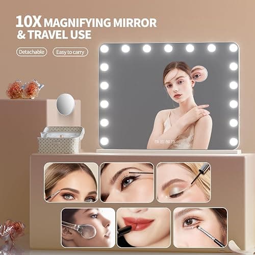 Hasipu Vanity Mirror with Lights and Bluetooth Speaker, 31.5" x 23.6" Hollywood Mirror, Makeup Mirror with 17 Dimmable Bulbs and 10X Magnification, 3 Colors Modes, USB Charging Port, Type-C (White) thumbnail 8