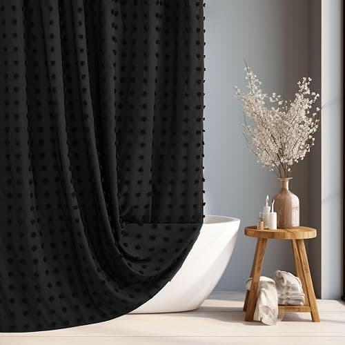 Siiluminisoy Black Boho Shower Curtain Woven Fabric Cute Shower Curtain, 72 x 72 Tufted Pleat Floral Textured Modern Farmhouse Minimalist Shower Curtain Set with Hooks for Bathroom - Image 1