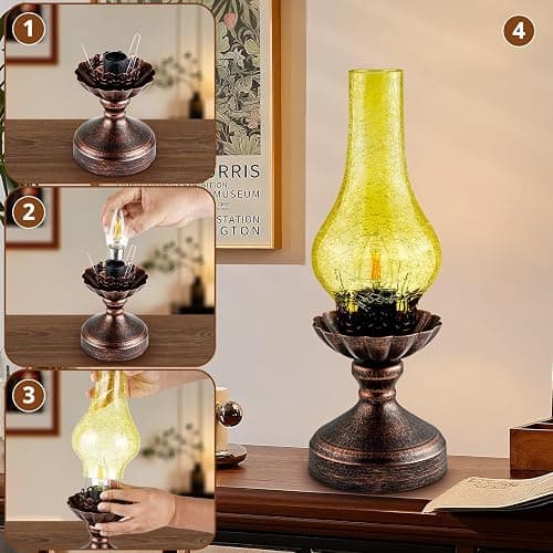 LEDIKON Touch Control Vintage Table Lamp | 3-Way Dimmable Rustic Retro Farmhouse Bedside Lamp with Amber Glass Shade and LED Bulb for Bedroom, Living Room, Cabin, Office thumbnail 7
