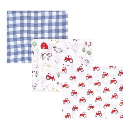 Hudson Baby Unisex Baby Cotton Muslin Swaddle Blankets, Boy Farm Animals, 3-Pack - Image 1