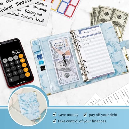 Onlyesh Budget Binder, Cash Envelopes for Budgeting, Money Organizer for Cash, 28Pcs Budget Binder with Cash Envelopes, Marble 6-Ring Money Saving Binder(Blue) thumbnail 7