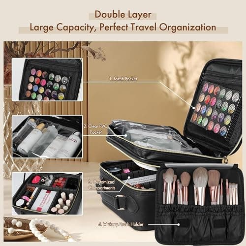 Behaesty Travel Makeup Bag with LED Mirror Double Layer, Detachable Vanity Mirror with Lights, Tri-light Dimmable, Makeup Case with Adjustable Dividers and Brush Holder Cosmetic Organizer Storage Box thumbnail 2