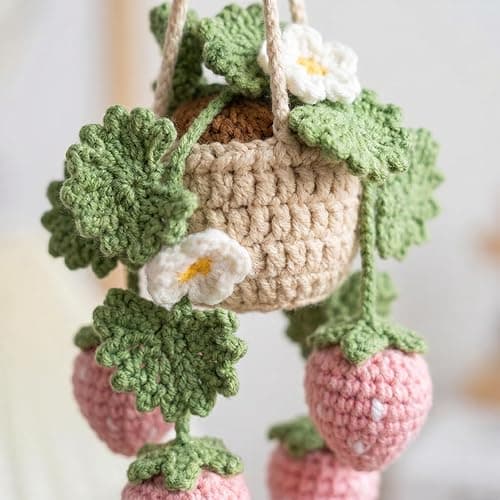 Crochet Hanging Plant for Car, Cute Plant Strawberry Car Accessories for Women, Handmade Boho Charms for Rear View Mirror thumbnail 4