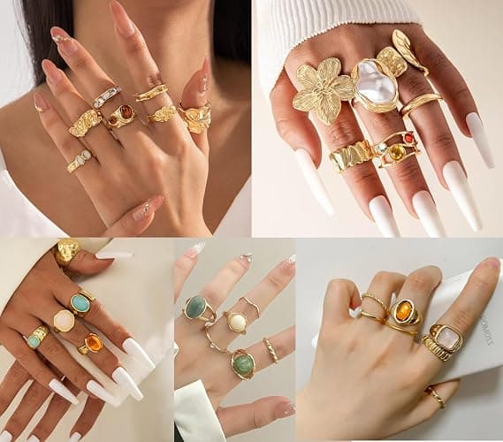 Mixcbe 30-36 Pcs Vintage Crystal Turquoise Ring Set Gold Knuckle Rings for Women Bohemian Stackable Joint Rings Retro Boho Stacking Joint Finger Rings Pack thumbnail 3