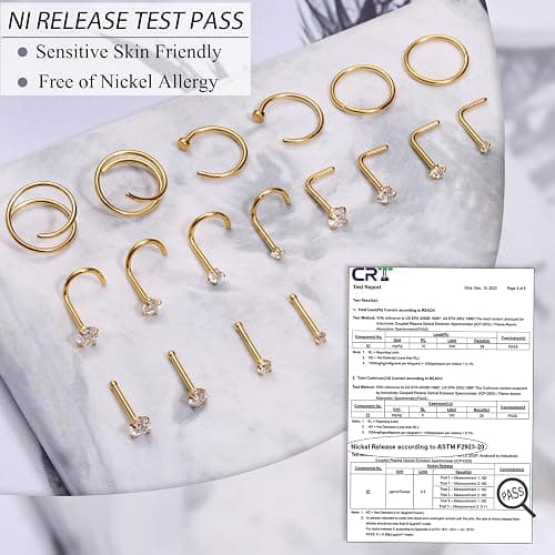 LOYALLOOK 18Pcs Nose Rings Studs - 316L Surgical Steel 14K Gold Plated Nose Studs Double Hoop Nose Ring for Women Men 18G/20G Nose Rings Stud Hypoallergenic Nose/Body Piercing Jewelry 1.5mm 2mm 2.5mm 3mm CZ thumbnail 5