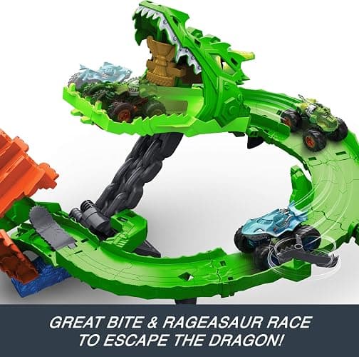 Hot Wheels Toy Monster Trucks, Sharks vs. Dinos Dragon Destruction Playset with 1:64 Scale Great Bite & Rageasaur, Race to Defeat The Cyborg Nemesis thumbnail 3