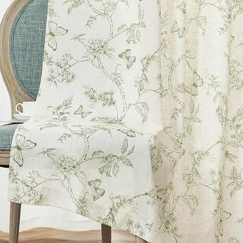 Lazzzy Linen Farmhouse Curtains Green Floral Curtains 63 Inch Length Drapes for Living Room Bedroom Pattern Light Filtering Country Vintage Curtain Grommet Top, 2 Panels, Green on Beige thumbnail 9