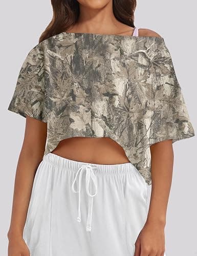 MSBESYOR Women Camo Off The Shoulder Shirt Top Short Sleeve Boat Neck Athletic Workout Crop Tees Oversized T Shirts Summer thumbnail 2
