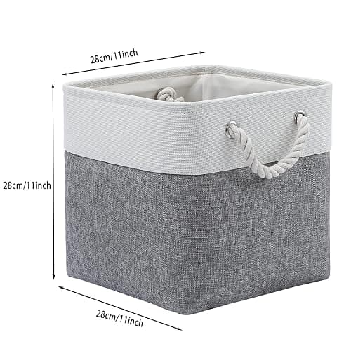 MidmmVick 11 x 11 Inch Cube Storage Bins, 6 Pack Large Collapsible Fabric Storage Bin with Ropes, Foldable Storage Cubes for Home, Office,Closet, Clothes, Toys Organizer (White & Grey-11"x11"x11") thumbnail 3