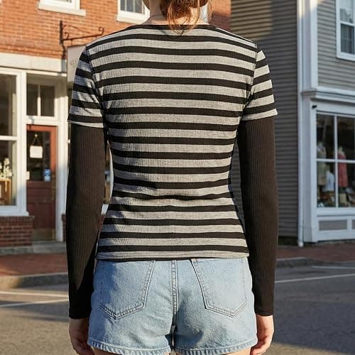 Barbotimer Womens Y2k Striped Shirt Fairy Grunge Baggy Long Sleeve Tops | Stylish Off Shoulder Slim Fit T-Shirts Vintage Aesthetic Alt Emo Gothic Clothes 2000s Harajuku Teens Girls Tee Top Streetwear thumbnail 6