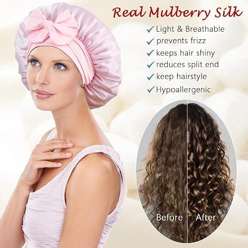 choshion 100% Mulberry Silk Bonnet for Sleeping Women,Pure Real Silk Bonnet | Hair Bonnets with Tie + Scrunchie, Large Cute Adjustable Double Layer, Anti-frizz Sleep Cap for Curly Hair Braids Long Hair thumbnail 3