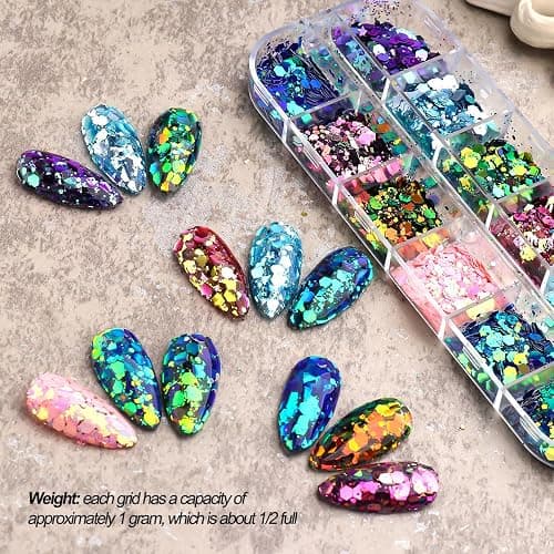 2 Boxes 24 Colors Holographic Nail Glitter Sequins 3D Iridescent Flakes Chunky Glitter Paillettes Design Mermaid Nail Flake Shiny Glitters Powder Chameleon Slices Decor for Manicure DIY Accessories thumbnail 2