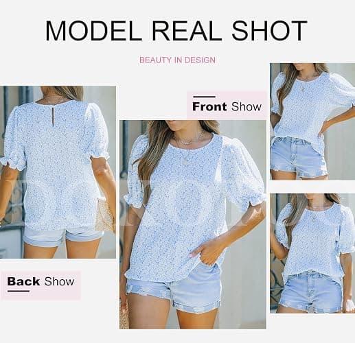 Dokotoo Floral Print Blouses for Women Crewneck Smocked Puff Sleeve Shirts Casual Babydoll Tops thumbnail 4