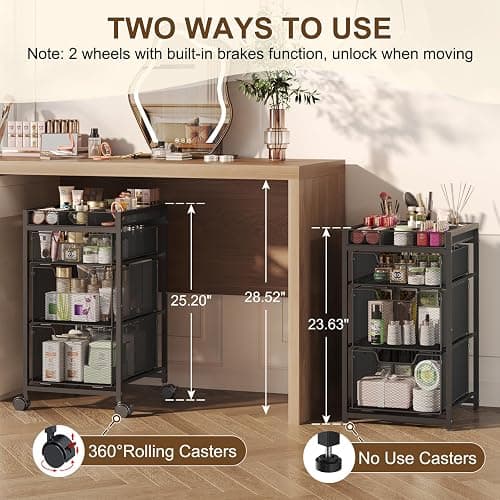 JKsmart Rolling Makeup Cart Organizer with 3 Drawers, Cosmetics Display with Dividers, Floor Skincare Storage with Wheels, Versatile Vanity Organizer for Nail Polish Perfume Brush Hair Tool, Black thumbnail 3