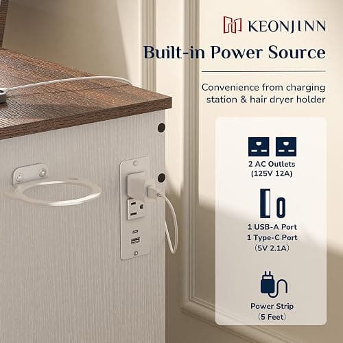 Keonjinn White Flip Top Vanity Desk with Mirror and Lights, 3 Drawers, Dimmable 3 LED Lighting Modes, Charging Station & Hairdryer Rack, 46" W Modern Farmhouse Makeup Dressing Table, NO Chair Included thumbnail 6