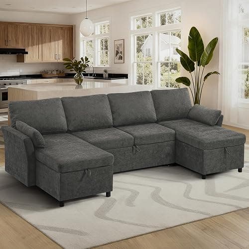 ACMEASE 107 Inches Fabric Sectional Sofa with Pull Out Sofa Bed, Modern U-Shape Sofa with Throw Pillows, Comfortable Sleeper Couch with Storage Chaise for Living Room, Grey thumbnail 4