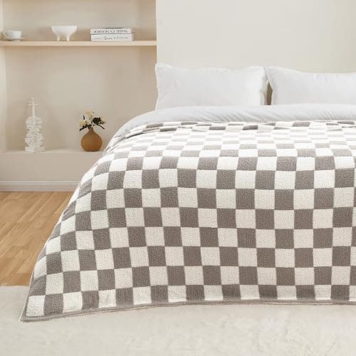 CozeCube Super Soft Fullfy Microfiber Reversible Knitted Blankets, Warm Cozy Fuzzy Plush Throw, Grey and White Checkered Throw Blanket for Couch Bed Sofa, 60" x 80" thumbnail 5