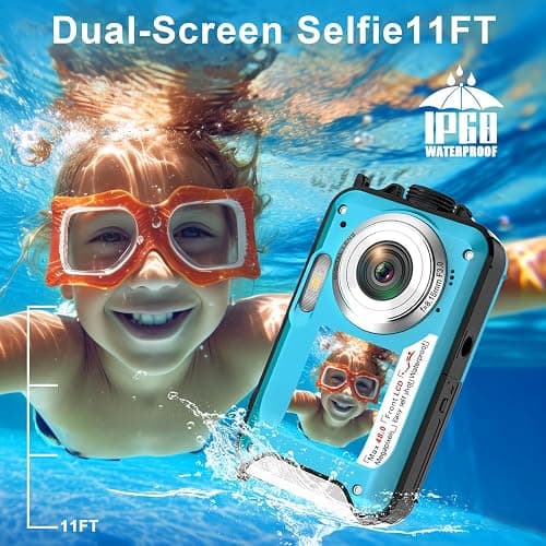 Underwater Camera 2.7K Waterproof Camera with 32GB Card 48MP Autofocus Selfie Dual-Screen Cameras for Snorkeling Compact Digital Camera 1250mAh Battery (Blue) thumbnail 4