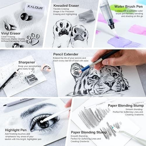 KALOUR PDAS 127 Drawing Set Sketching Kit, Pro Art Supplies with 3-Color Sketchbook & Coloring Book, Neon, Colored, Watercolor, Metallic, Graphite, Charcoal Pencils, Gift for Artists Adults Teens thumbnail 7